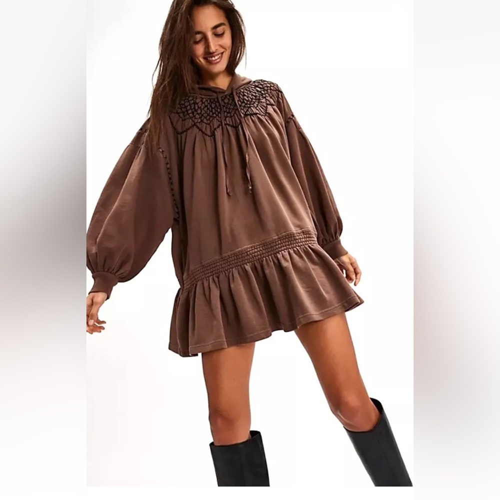 Free People Marty Smocked Sweatshirt Hooded Tunic Mini Dress Brown Bear